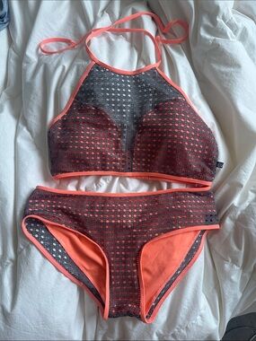 Coral Trim Black Mesh Two-Piece Bikini